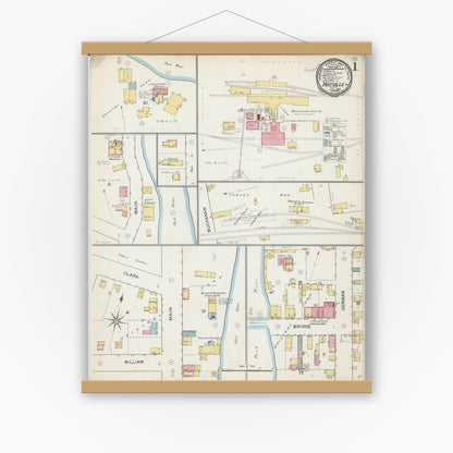 Old map wall art mockup — magnetic wood frame on white wall — Sanborn Fire Insurance Map from Mayville, Dodge County, Wisconsin (1892), Sheet #0001