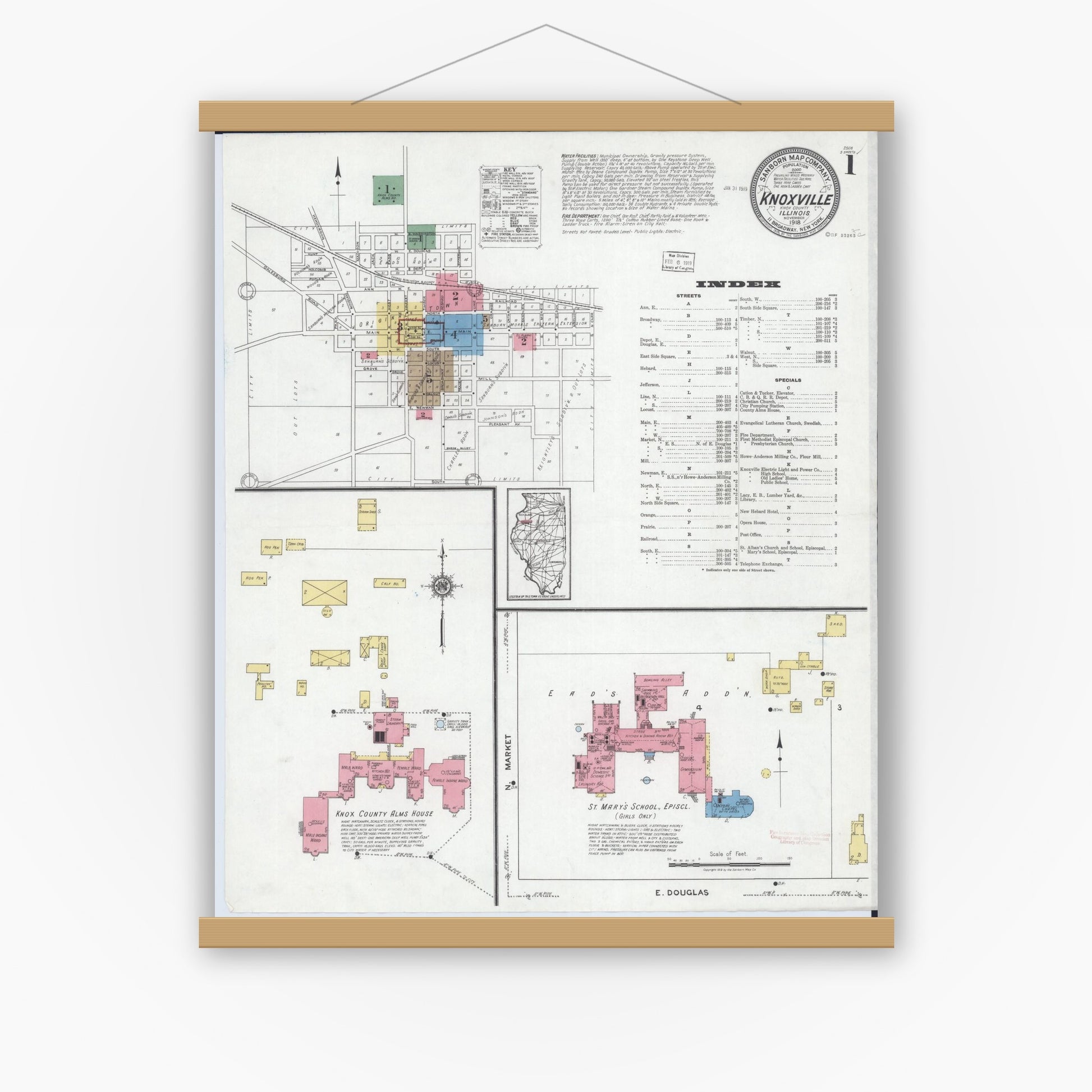 Old map wall art mockup — magnetic wood frame on white wall — Sanborn Fire Insurance Map from Knoxville, Knox County, Illinois (1918) - Complete Map Set