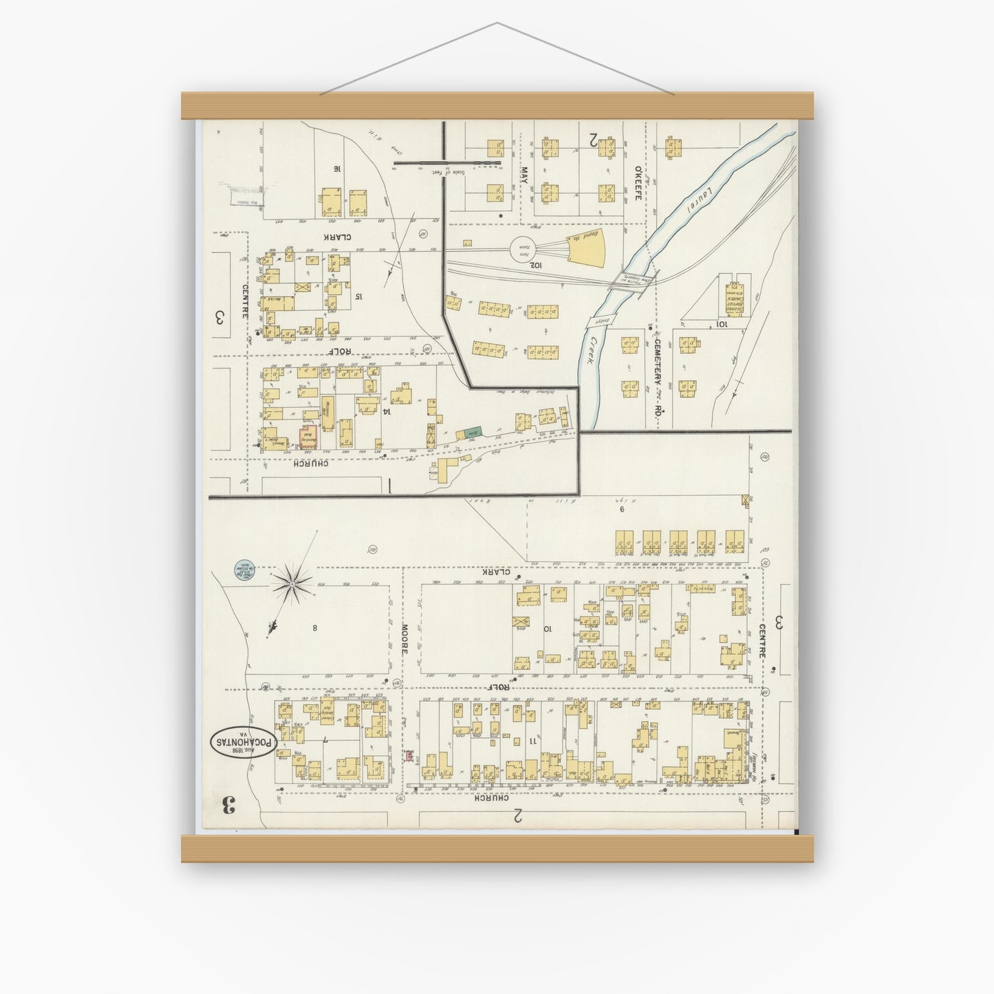 Old map wall art mockup — magnetic wood frame on white wall — Sanborn Fire Insurance Map from Pocahontas, Tazewell County, Virginia (1898), Sheet #0003