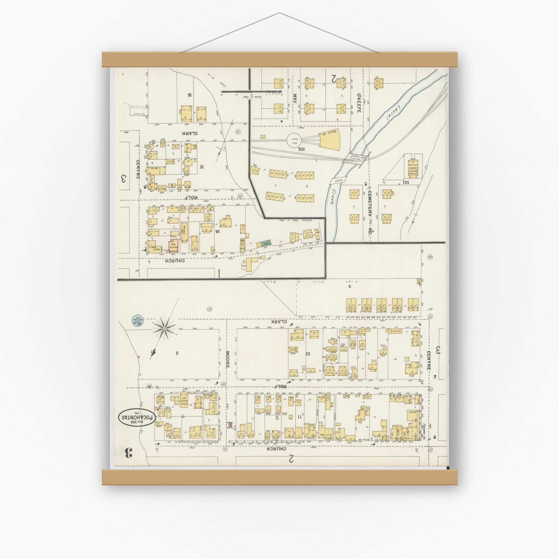 Old map wall art mockup — magnetic wood frame on white wall — Sanborn Fire Insurance Map from Pocahontas, Tazewell County, Virginia (1898), Sheet #0003