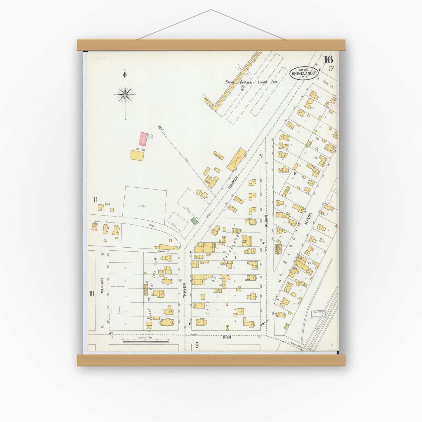 Old map wall art mockup — magnetic wood frame on white wall — Sanborn Fire Insurance Map from Rhinelander, Oneida County, Wisconsin (1900), Sheet #0016