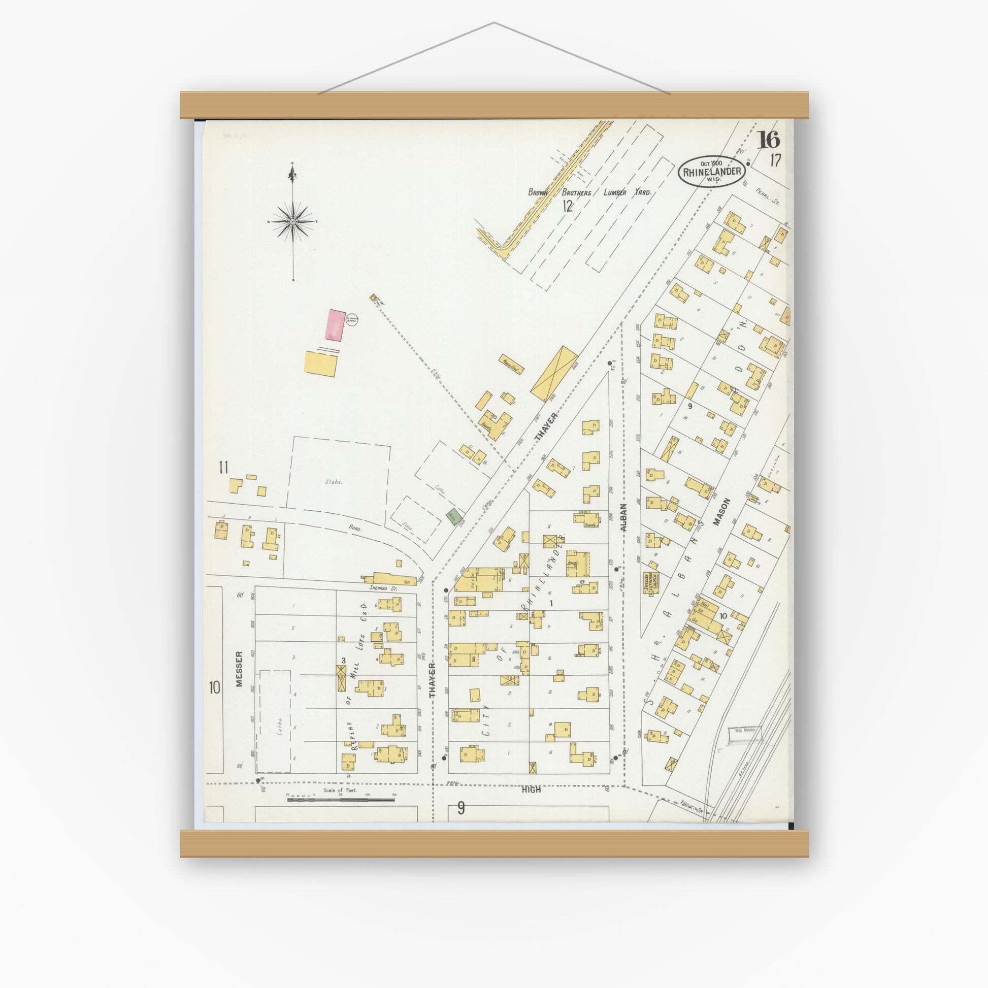 Old map wall art mockup — magnetic wood frame on white wall — Sanborn Fire Insurance Map from Rhinelander, Oneida County, Wisconsin (1900), Sheet #0016