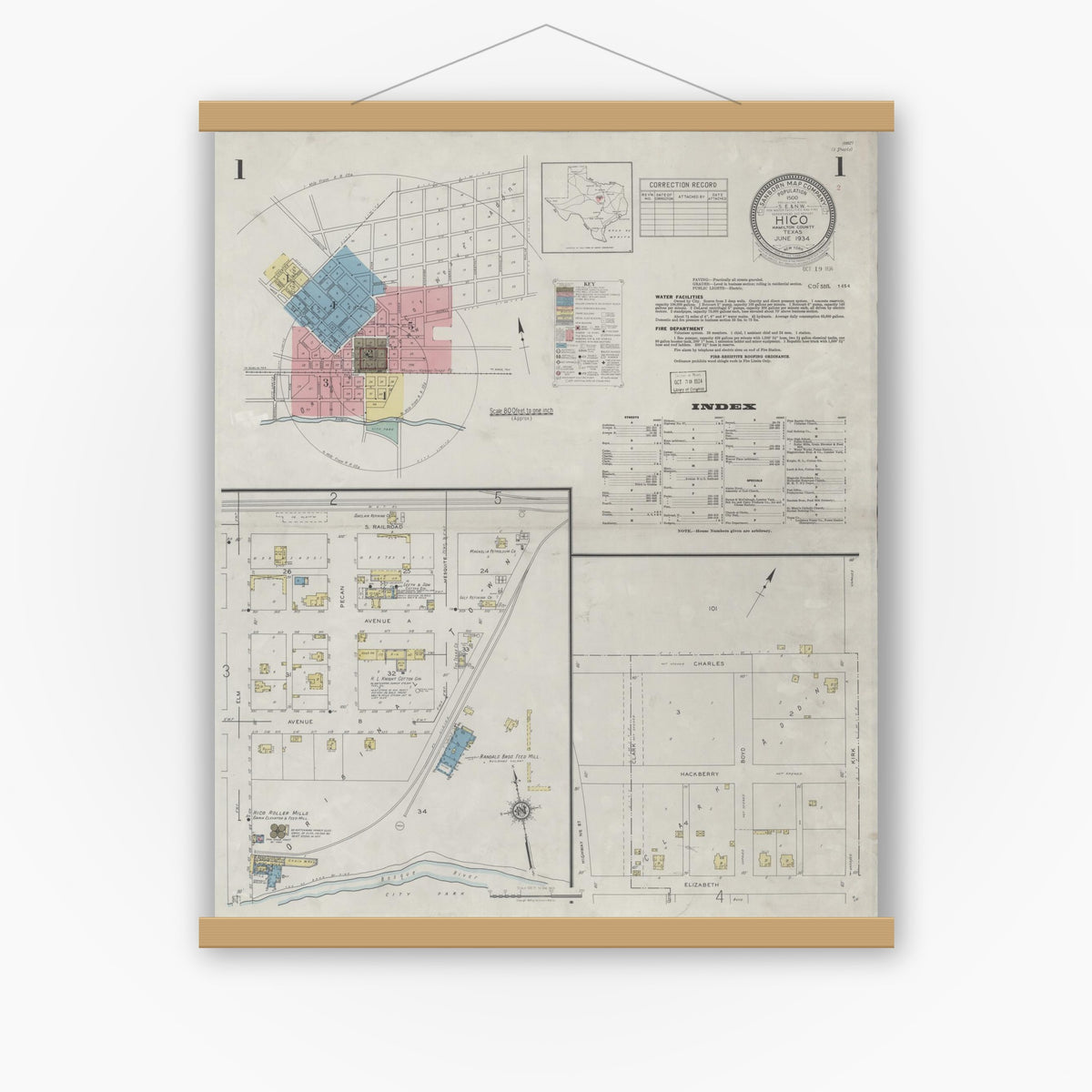 Old map wall art mockup — magnetic wood frame on white wall — Sanborn Fire Insurance Map from Hico, Hamilton County, Texas (1934), Sheet #0001