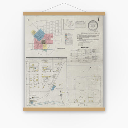 Old map wall art mockup — magnetic wood frame on white wall — Sanborn Fire Insurance Map from Hico, Hamilton County, Texas (1934), Sheet #0001