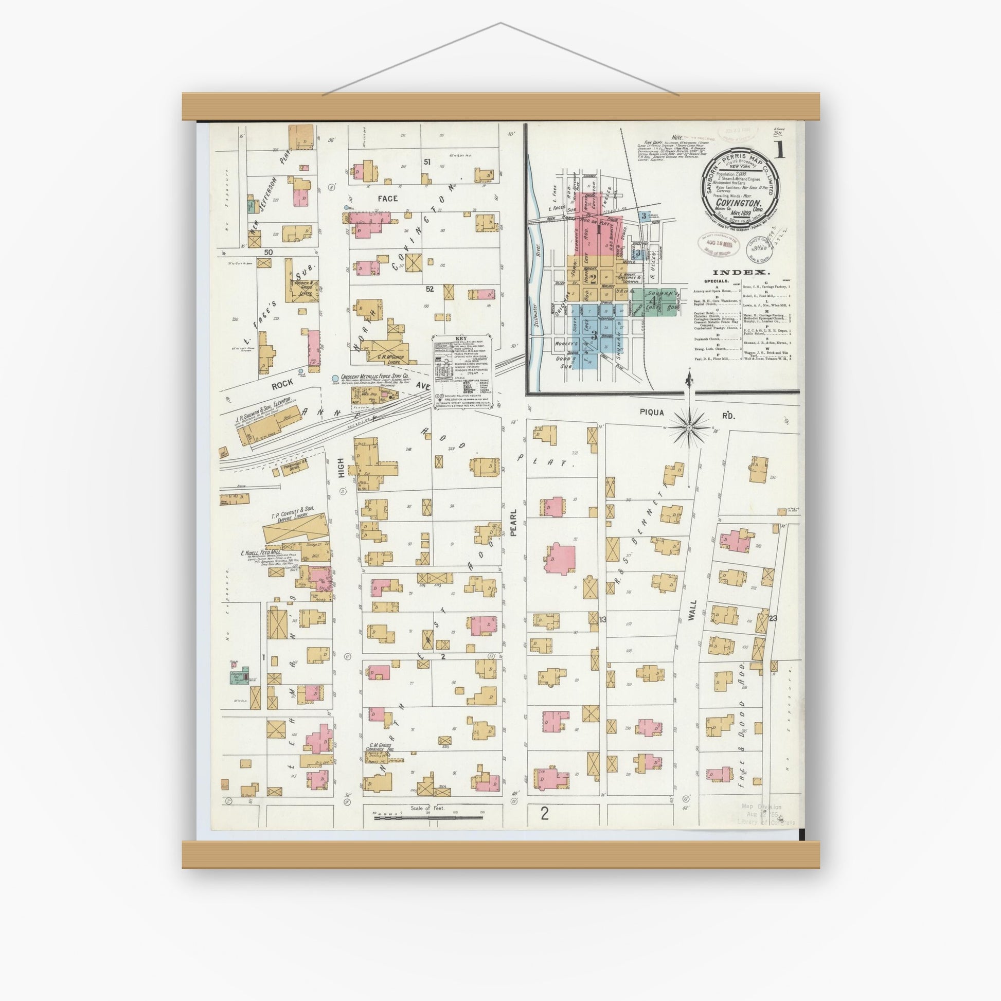 Old map wall art mockup — magnetic wood frame on white wall — Sanborn Fire Insurance Map from Covington, Miami County, Ohio (1899) - Complete Map Set