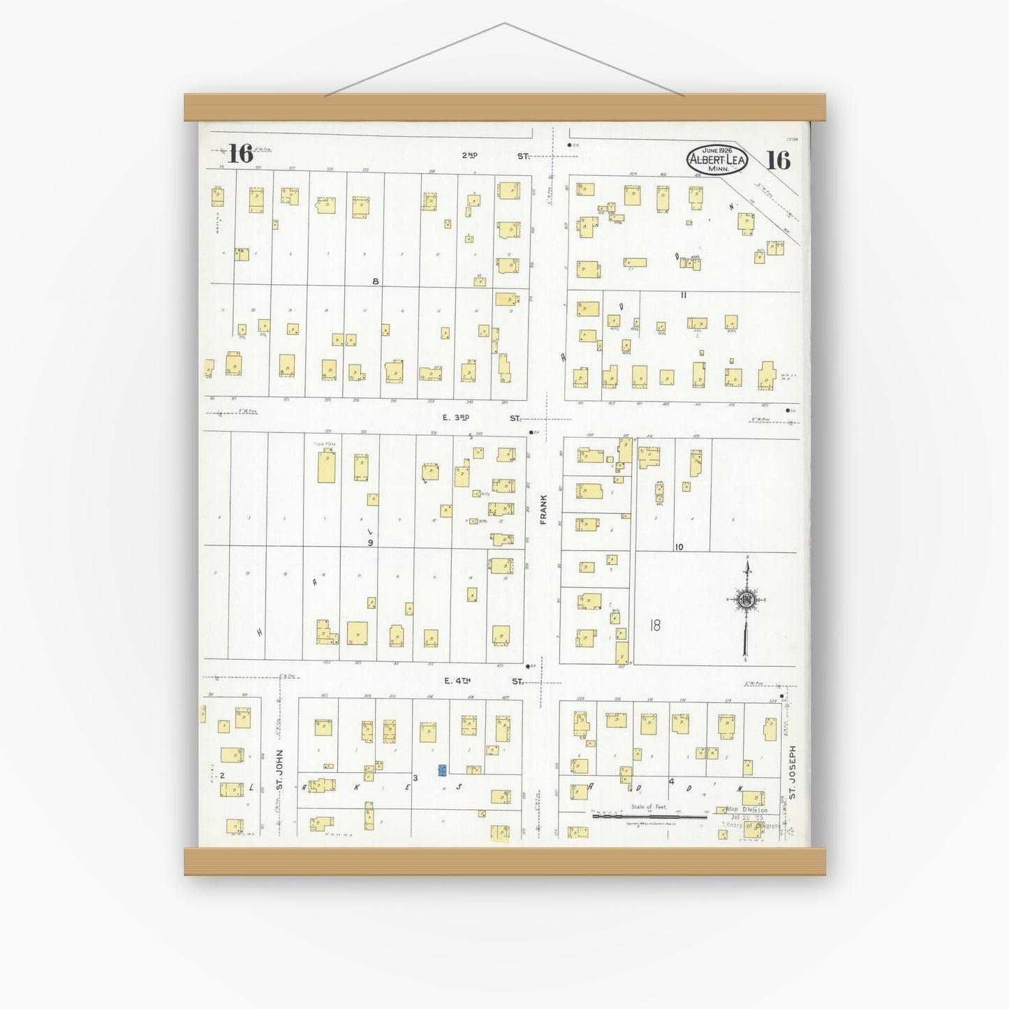 Old map wall art mockup — magnetic wood frame on white wall — Sanborn Fire Insurance Map from Albert Lea, Freeborn County, Minnesota (1926), Sheet #0016