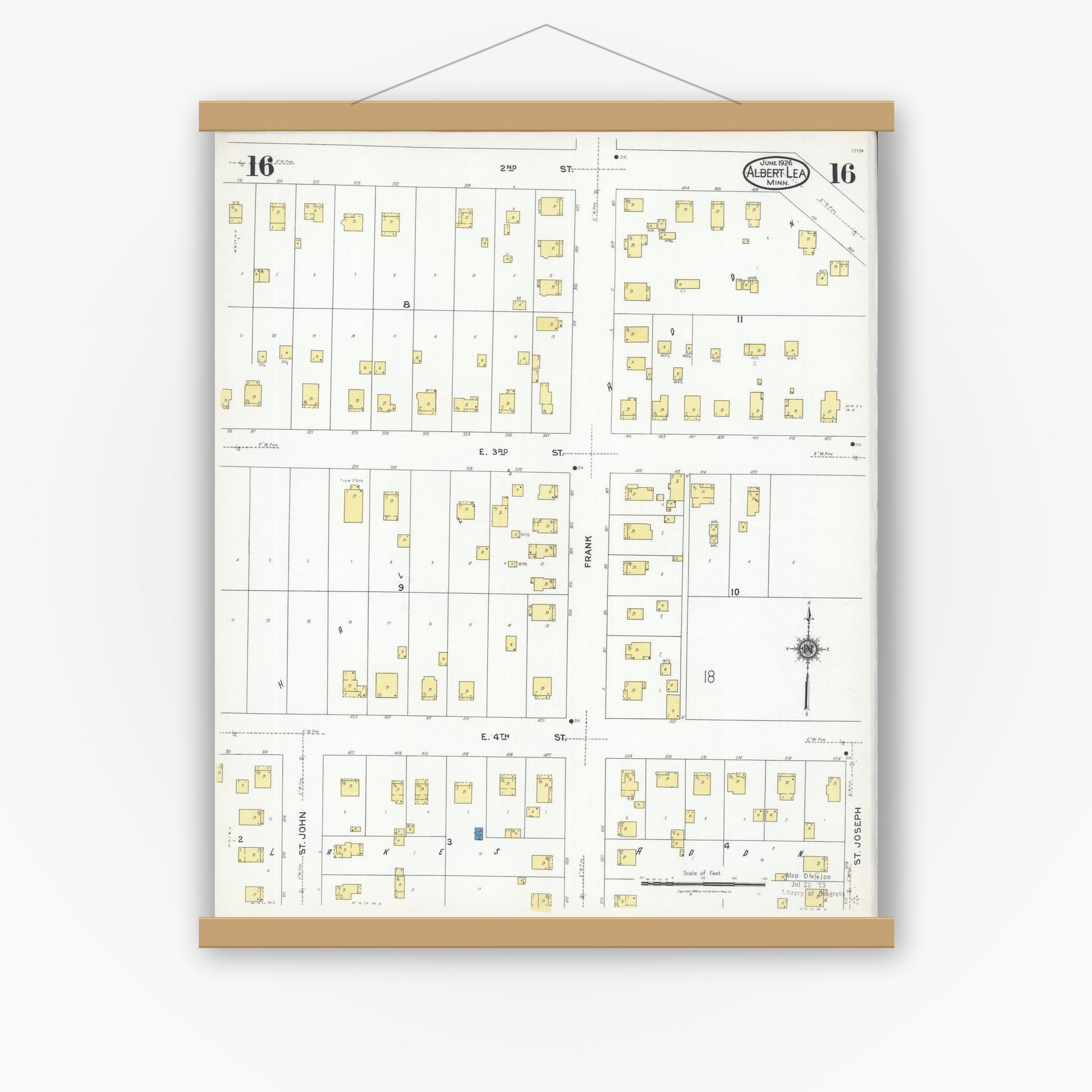 Old map wall art mockup — magnetic wood frame on white wall — Sanborn Fire Insurance Map from Albert Lea, Freeborn County, Minnesota (1926), Sheet #0016
