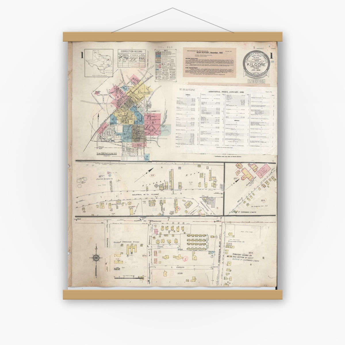 Old map wall art mockup — magnetic wood frame on white wall — Sanborn Fire Insurance Map from Kilgore, Gregg County, Texas (1950), Sheet #0001