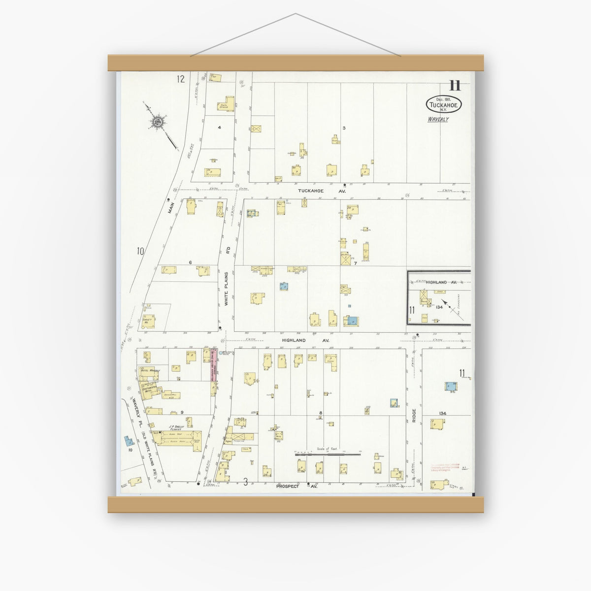 Old map wall art mockup — magnetic wood frame on white wall — Sanborn Fire Insurance Map from Tuckahoe, Westchester County, New York (1911), Sheet #0011