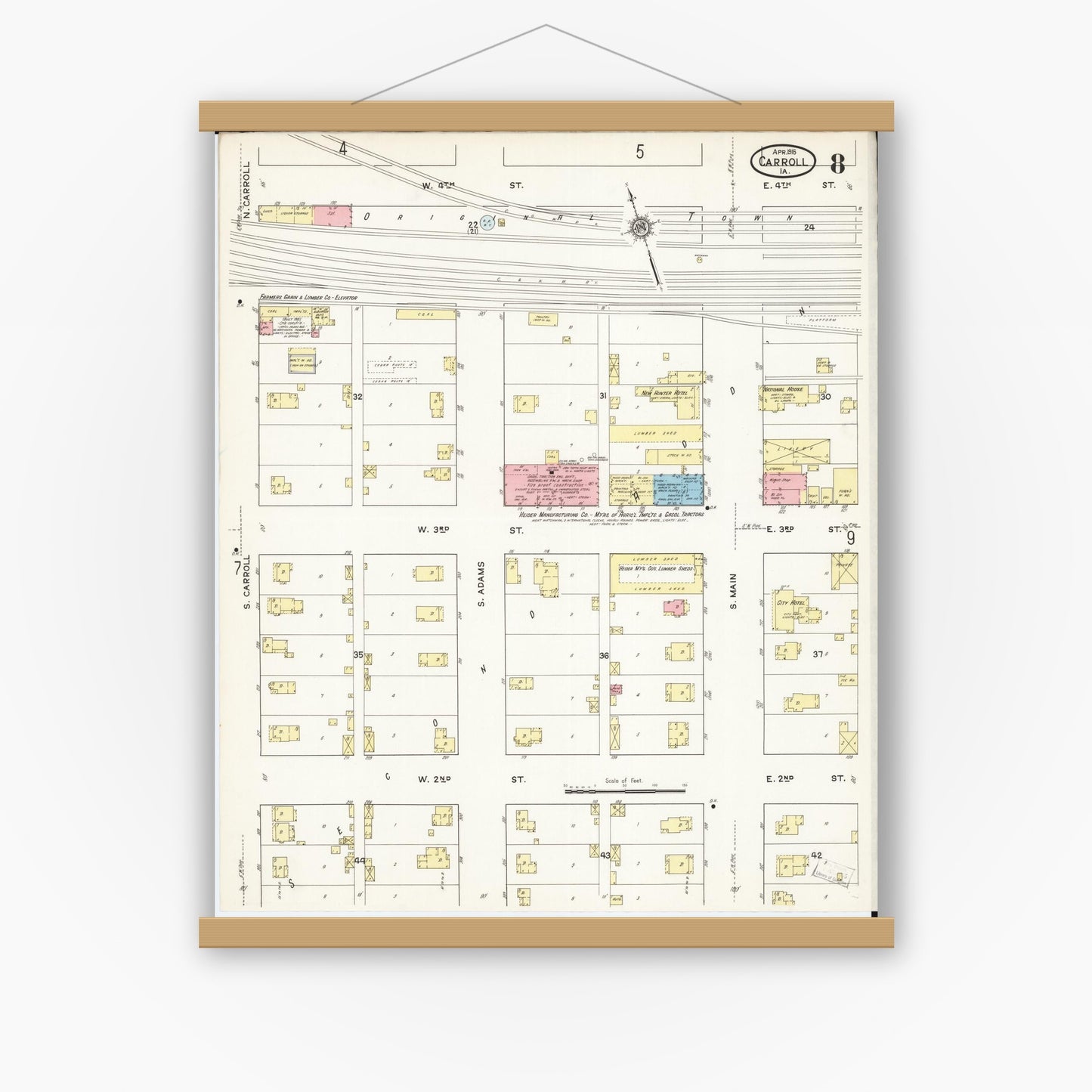 Old map wall art mockup — magnetic wood frame on white wall — Sanborn Fire Insurance Map from Carroll, Carroll County, Iowa (1915), Sheet #0008