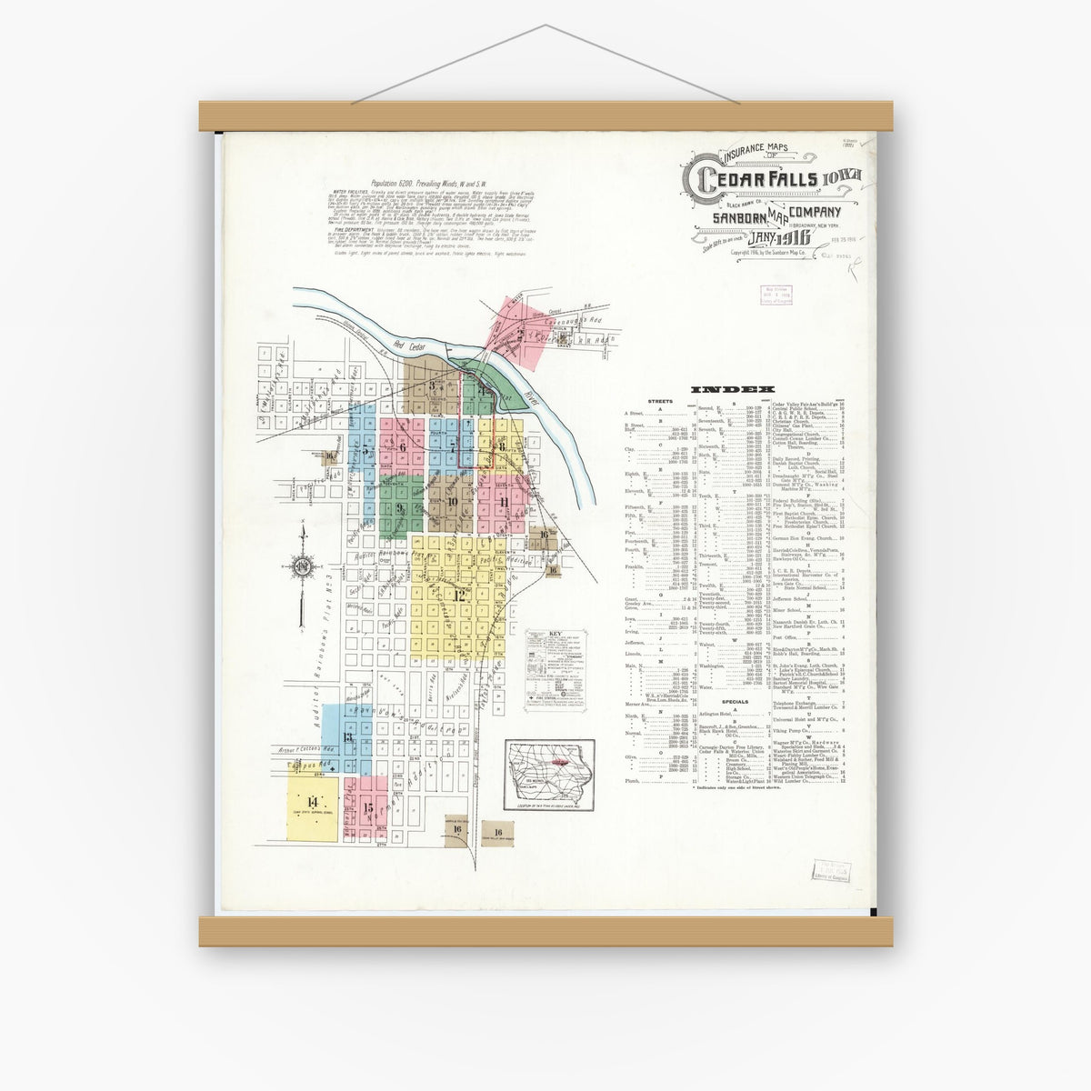Old map wall art mockup — magnetic wood frame on white wall — Sanborn Fire Insurance Map from Cedar Falls, Black Hawk County, Iowa (1916) â€” Complete Set