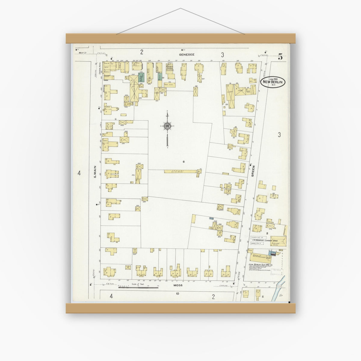 Old map wall art mockup — magnetic wood frame on white wall — Sanborn Fire Insurance Map from New Berlin, Chenango County, New York (1910), Sheet #0005