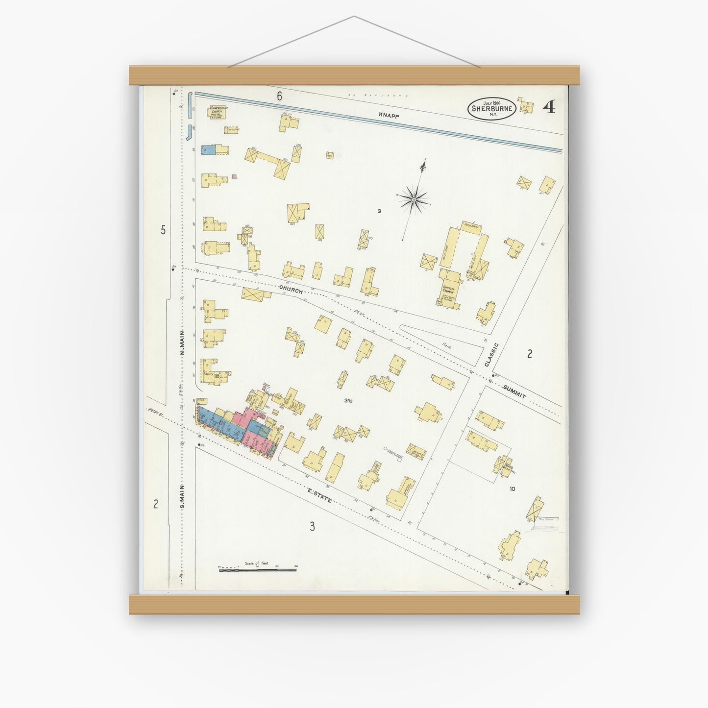 Old map wall art mockup — magnetic wood frame on white wall — Sanborn Fire Insurance Map from Sherburne, Chenango County, New York (1906), Sheet #0004