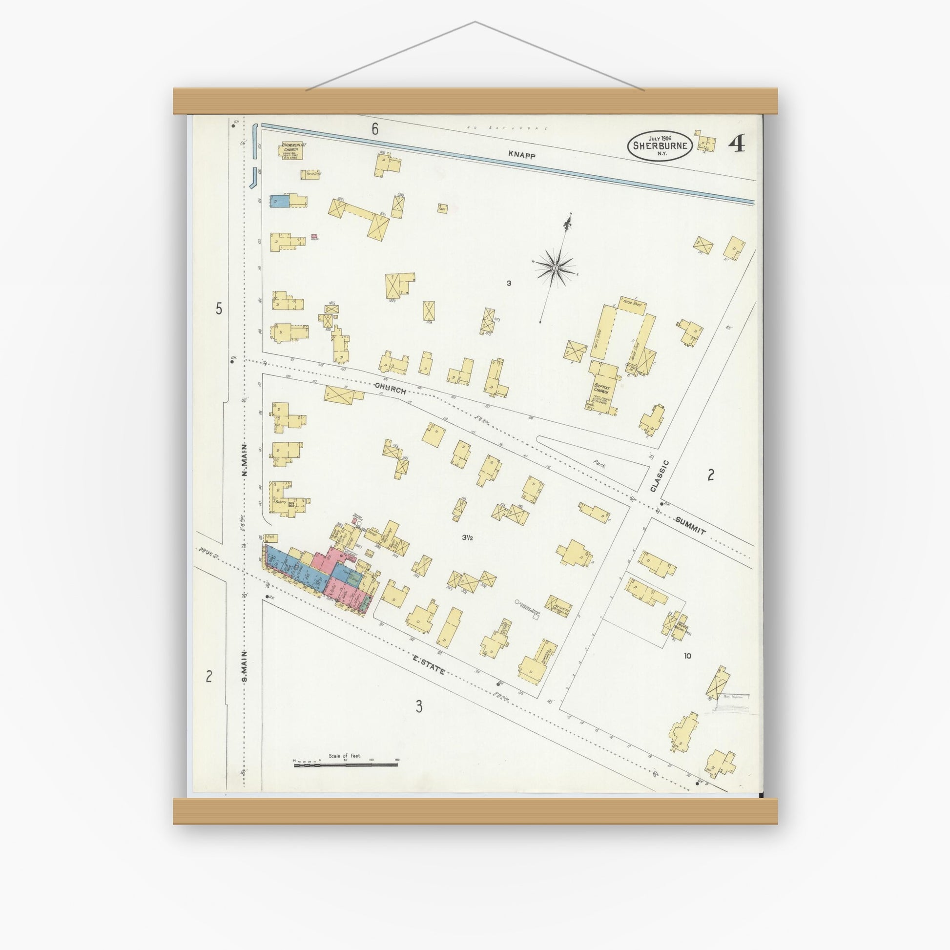 Old map wall art mockup — magnetic wood frame on white wall — Sanborn Fire Insurance Map from Sherburne, Chenango County, New York (1906), Sheet #0004