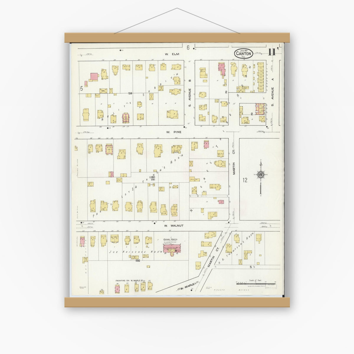 Old map wall art mockup — magnetic wood frame on white wall — Sanborn Fire Insurance Map from Canton, Fulton County, Illinois (1917), Sheet #0011