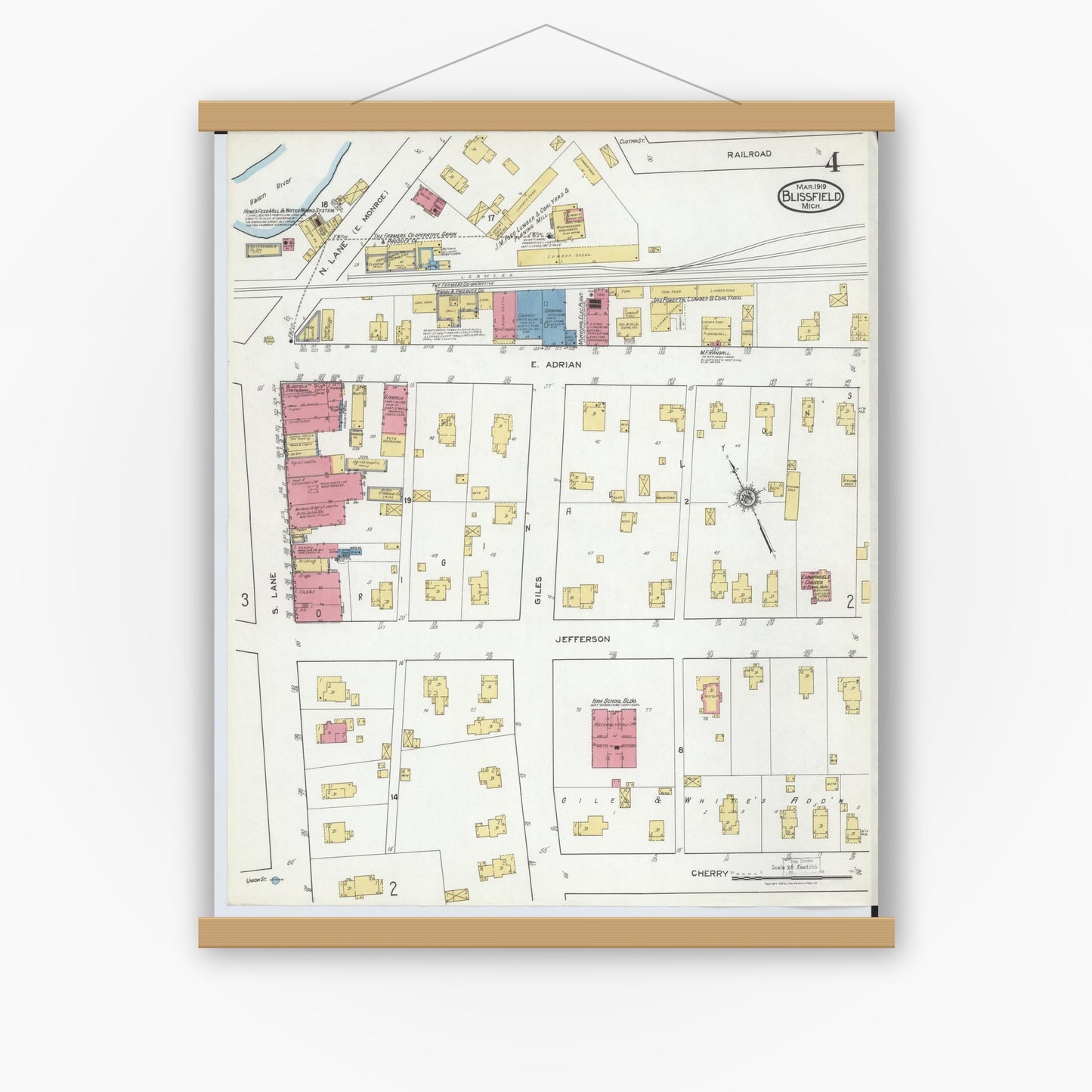 Old map wall art mockup — magnetic wood frame on white wall — Sanborn Fire Insurance Map from Blissfield, Lenawee County, Michigan (1919), Sheet #0004