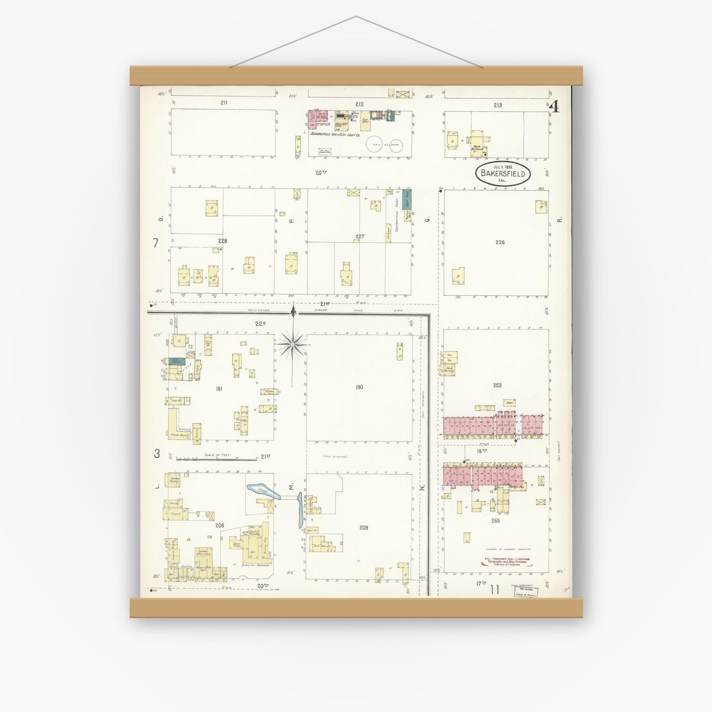 Old map wall art mockup — magnetic wood frame on white wall — Sanborn Fire Insurance Map from Bakersfield, Kern County, California (1899), Sheet #0004