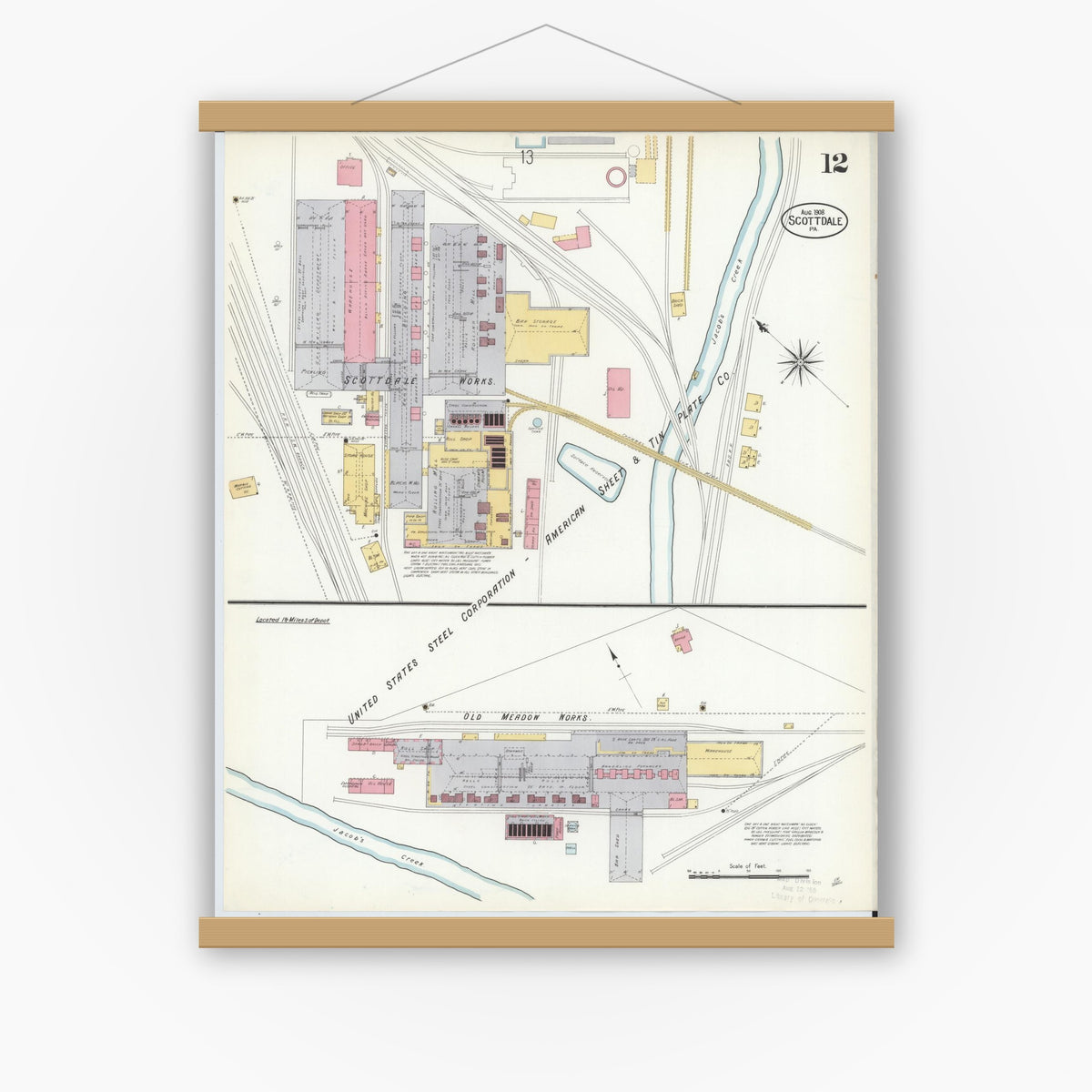 Old map wall art mockup — magnetic wood frame on white wall — Sanborn Fire Insurance Map from Scottdale, Westmoreland County, Pennsylvania (1908), Sheet #0012