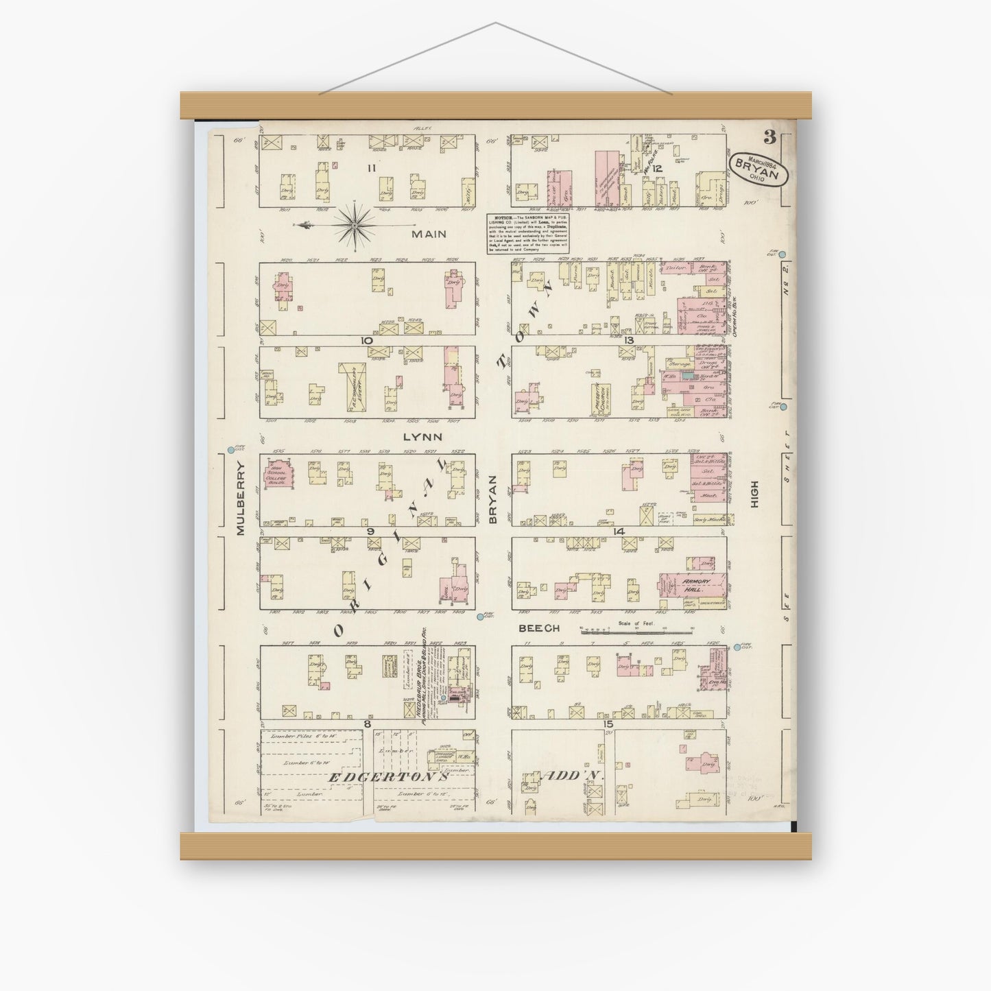 Old map wall art mockup — magnetic wood frame on white wall — Sanborn Fire Insurance Map from Bryan, Williams County, Ohio (1884), Sheet #0003