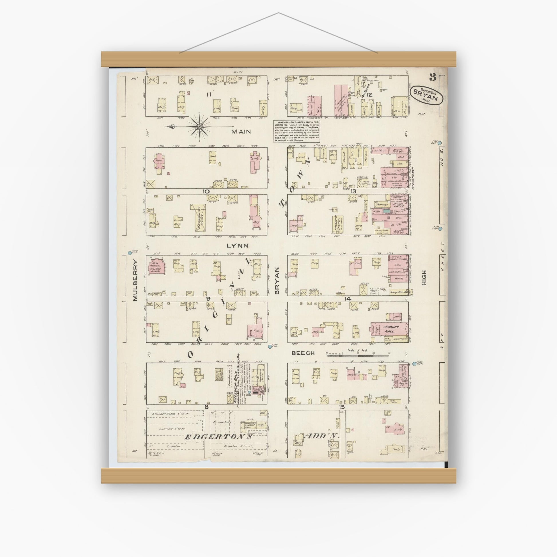 Old map wall art mockup — magnetic wood frame on white wall — Sanborn Fire Insurance Map from Bryan, Williams County, Ohio (1884), Sheet #0003