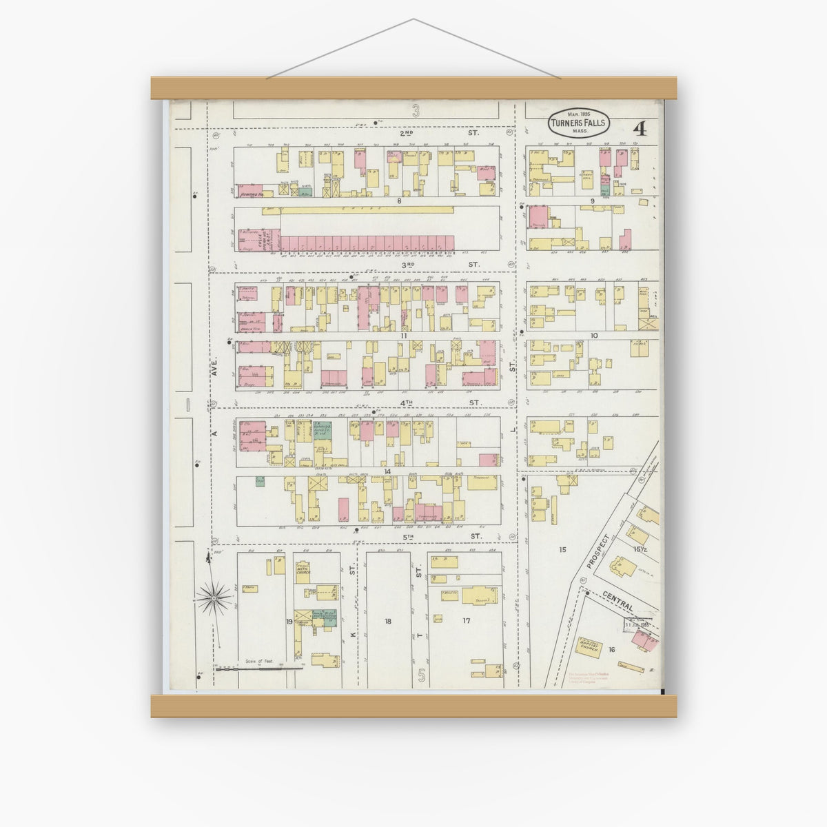 Old map wall art mockup — magnetic wood frame on white wall — Sanborn Fire Insurance Map from Turners Falls, Franklin County, Massachusetts (1895), Sheet #0004