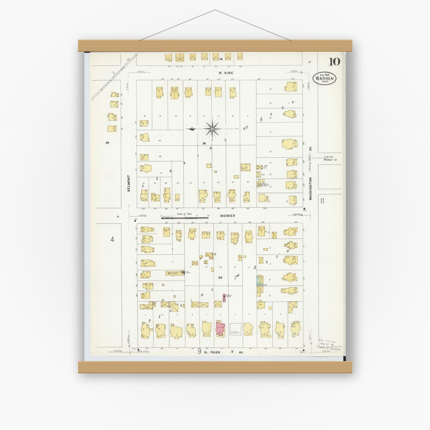 Old map wall art mockup — magnetic wood frame on white wall — Sanborn Fire Insurance Map from Warren, Trumbull County, Ohio (1908), Sheet #0010