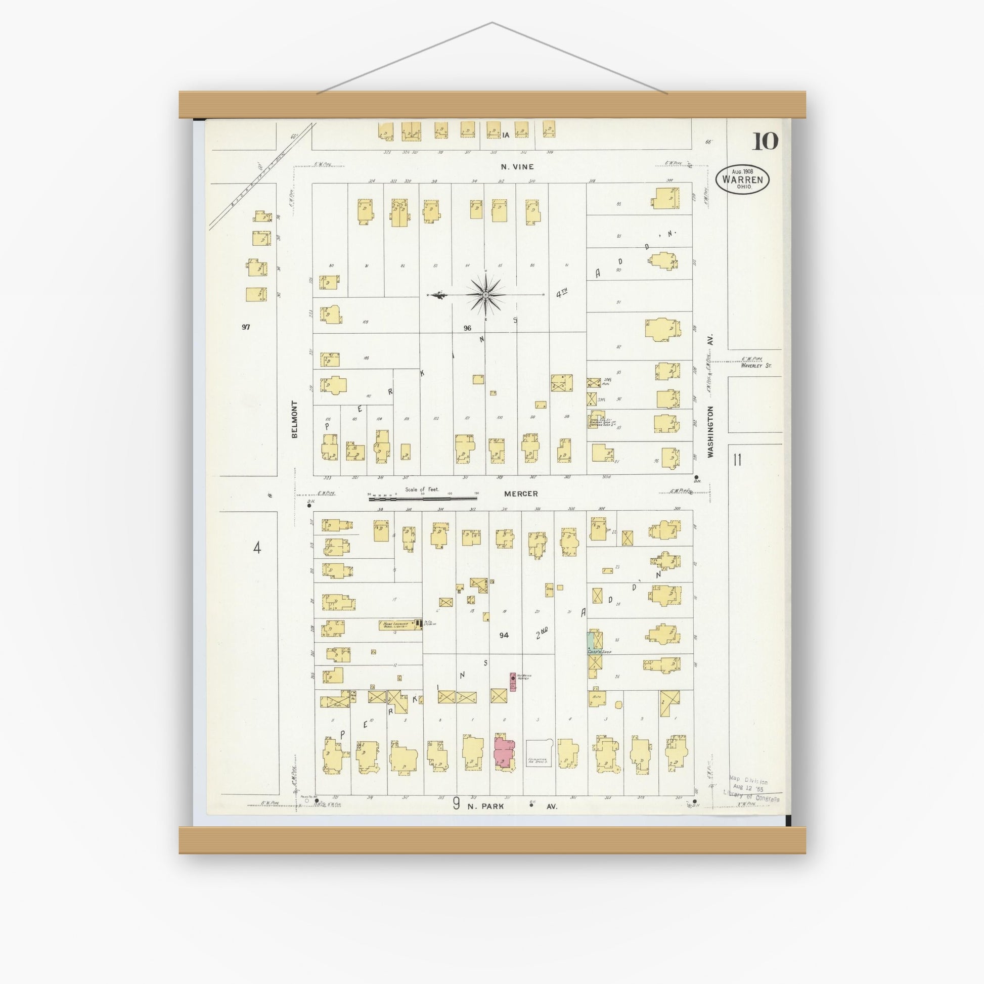 Old map wall art mockup — magnetic wood frame on white wall — Sanborn Fire Insurance Map from Warren, Trumbull County, Ohio (1908), Sheet #0010