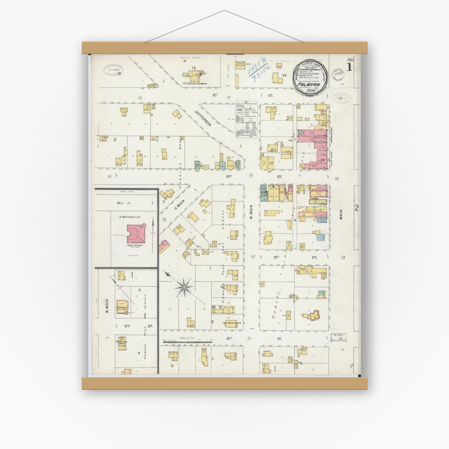 Old map wall art mockup — magnetic wood frame on white wall — Sanborn Fire Insurance Map from Palmyra, Jefferson County, Wisconsin (1898) - Complete Map Set