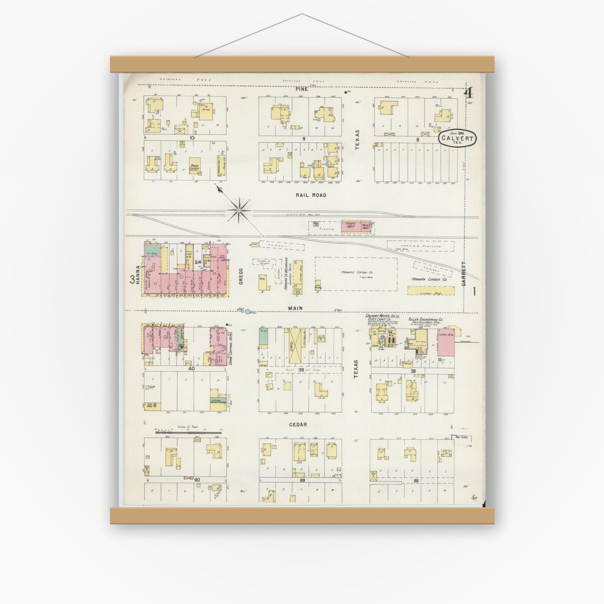 Old map wall art mockup — magnetic wood frame on white wall — Sanborn Fire Insurance Map from Calvert, Robertson County, Texas (1896), Sheet #0004