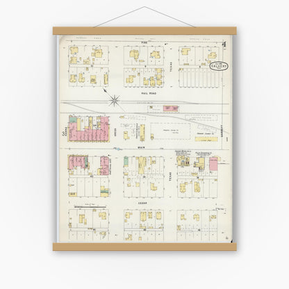 Old map wall art mockup — magnetic wood frame on white wall — Sanborn Fire Insurance Map from Calvert, Robertson County, Texas (1896), Sheet #0004