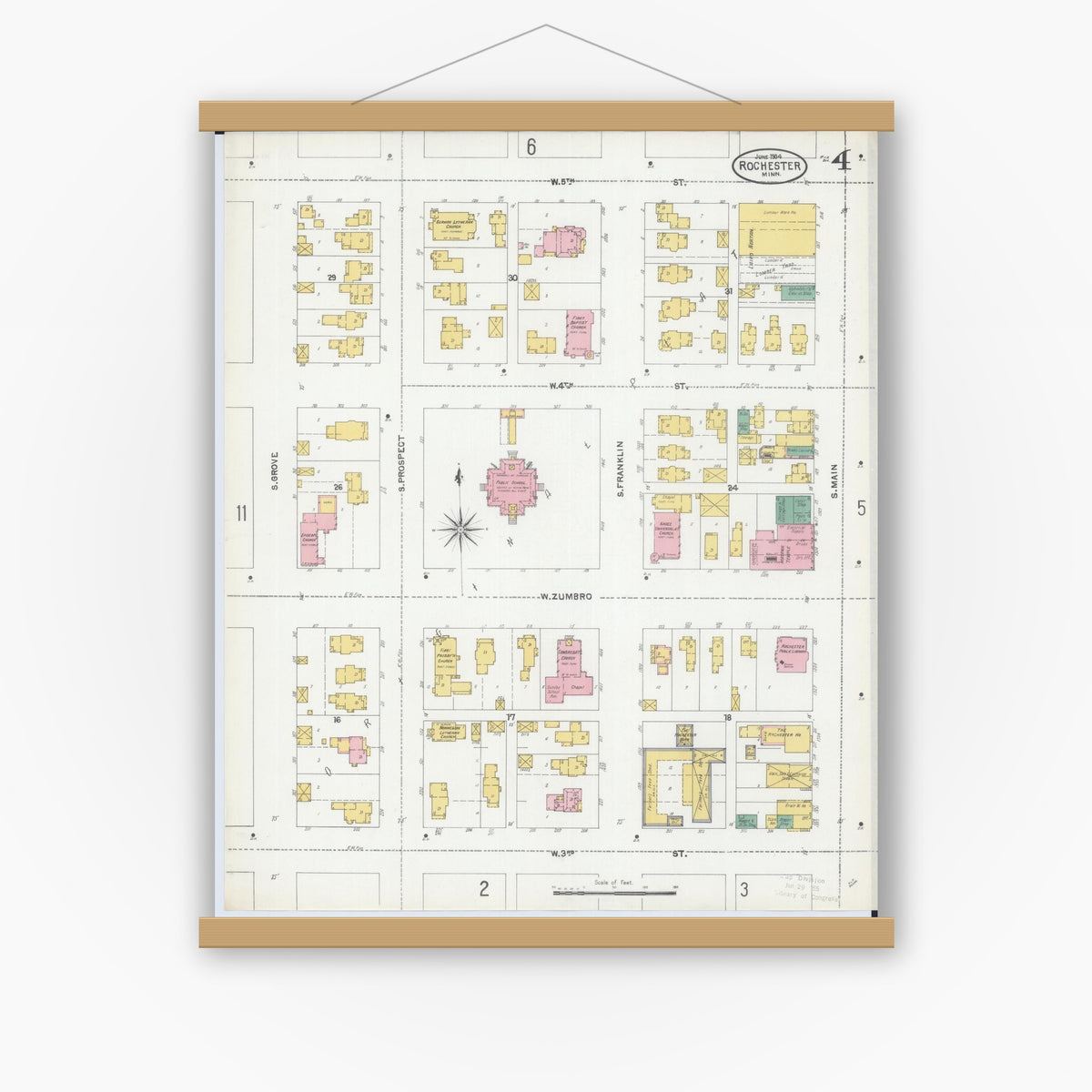 Old map wall art mockup — magnetic wood frame on white wall — Sanborn Fire Insurance Map from Rochester, Olmsted County, Minnesota (1904), Sheet #0004