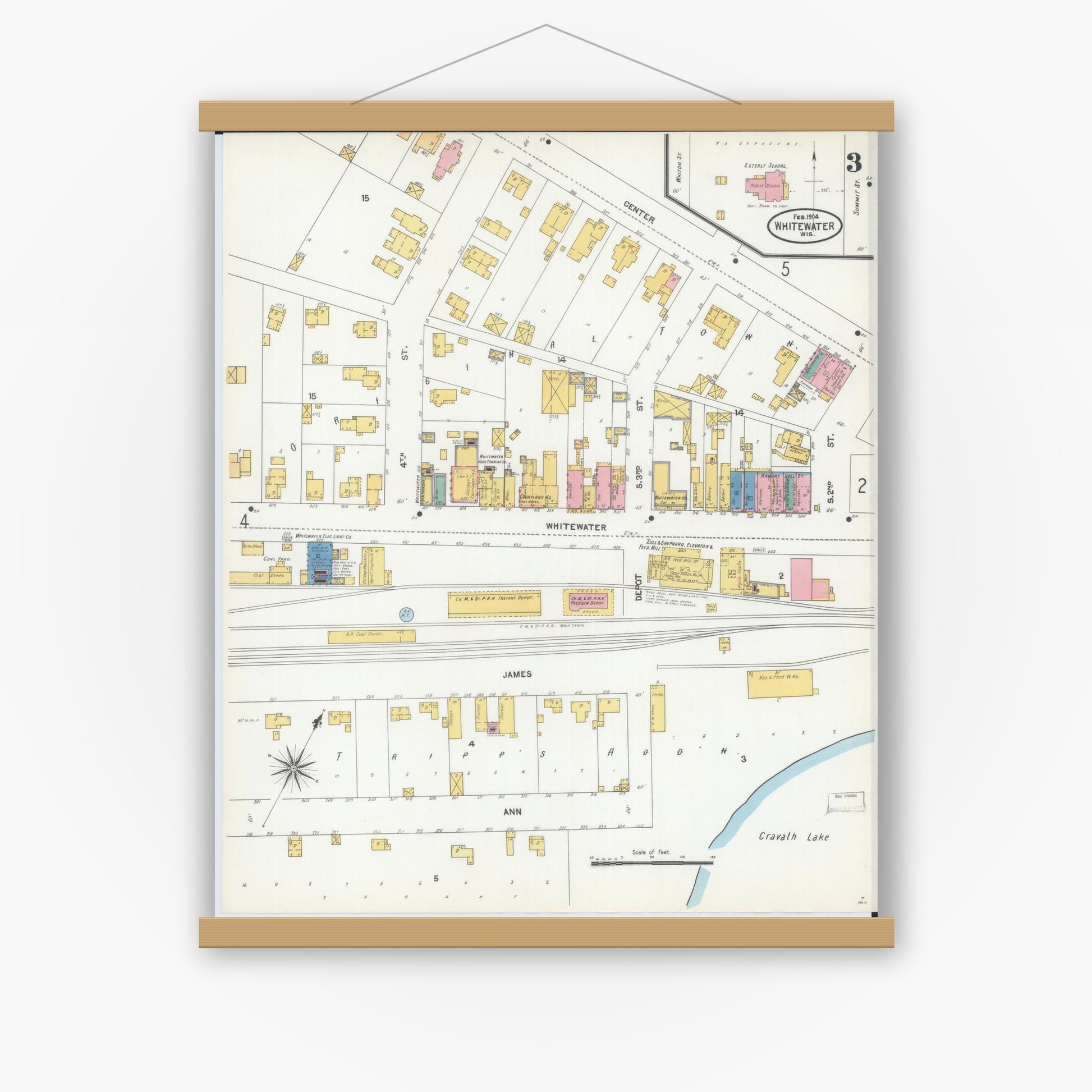 Old map wall art mockup — magnetic wood frame on white wall — Sanborn Fire Insurance Map from Whitewater, Walworth County, Wisconsin (1904), Sheet #0003