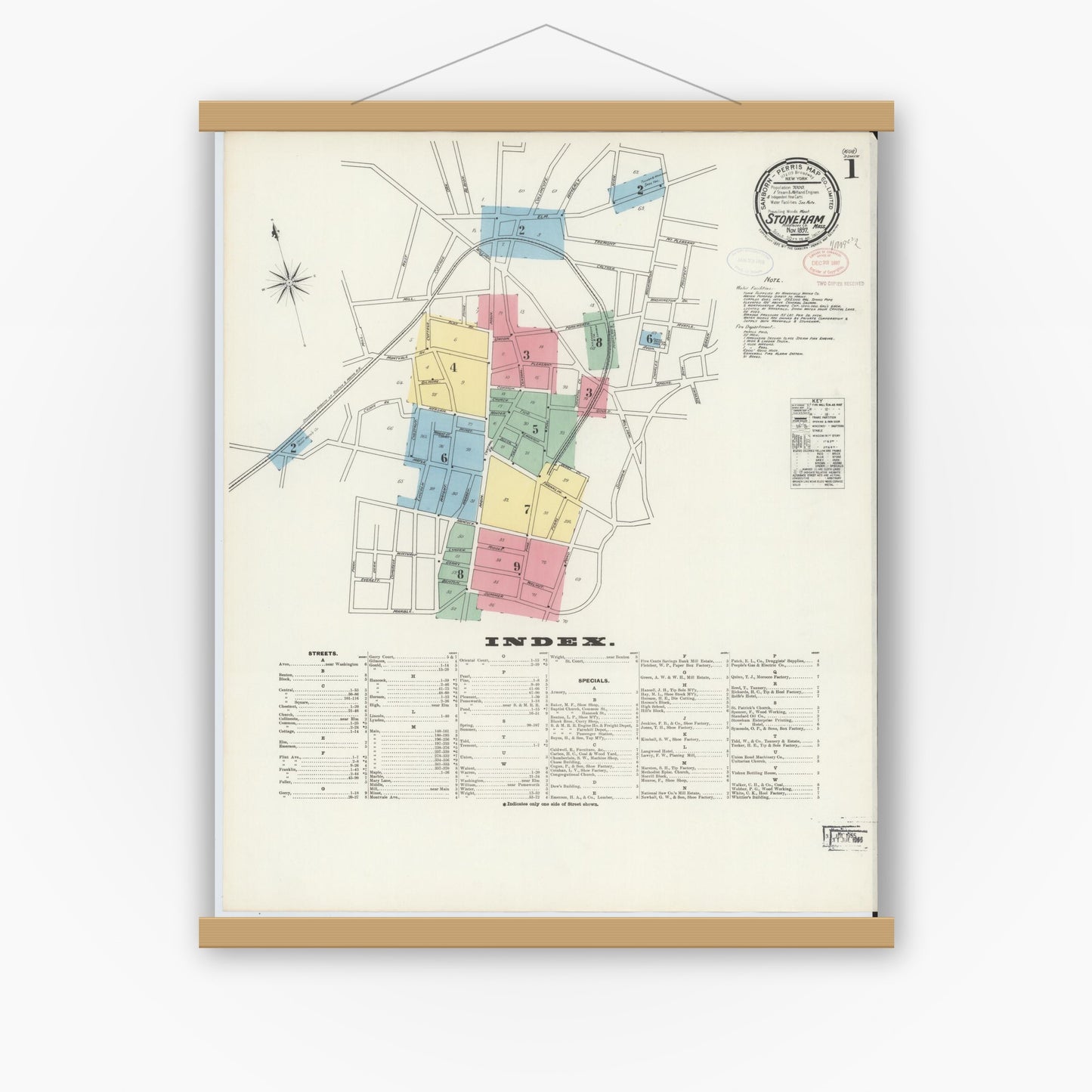 Old map wall art mockup — magnetic wood frame on white wall — Sanborn Fire Insurance Map from Stoneham, Middlesex County, Massachusetts (1897), Sheet #0001