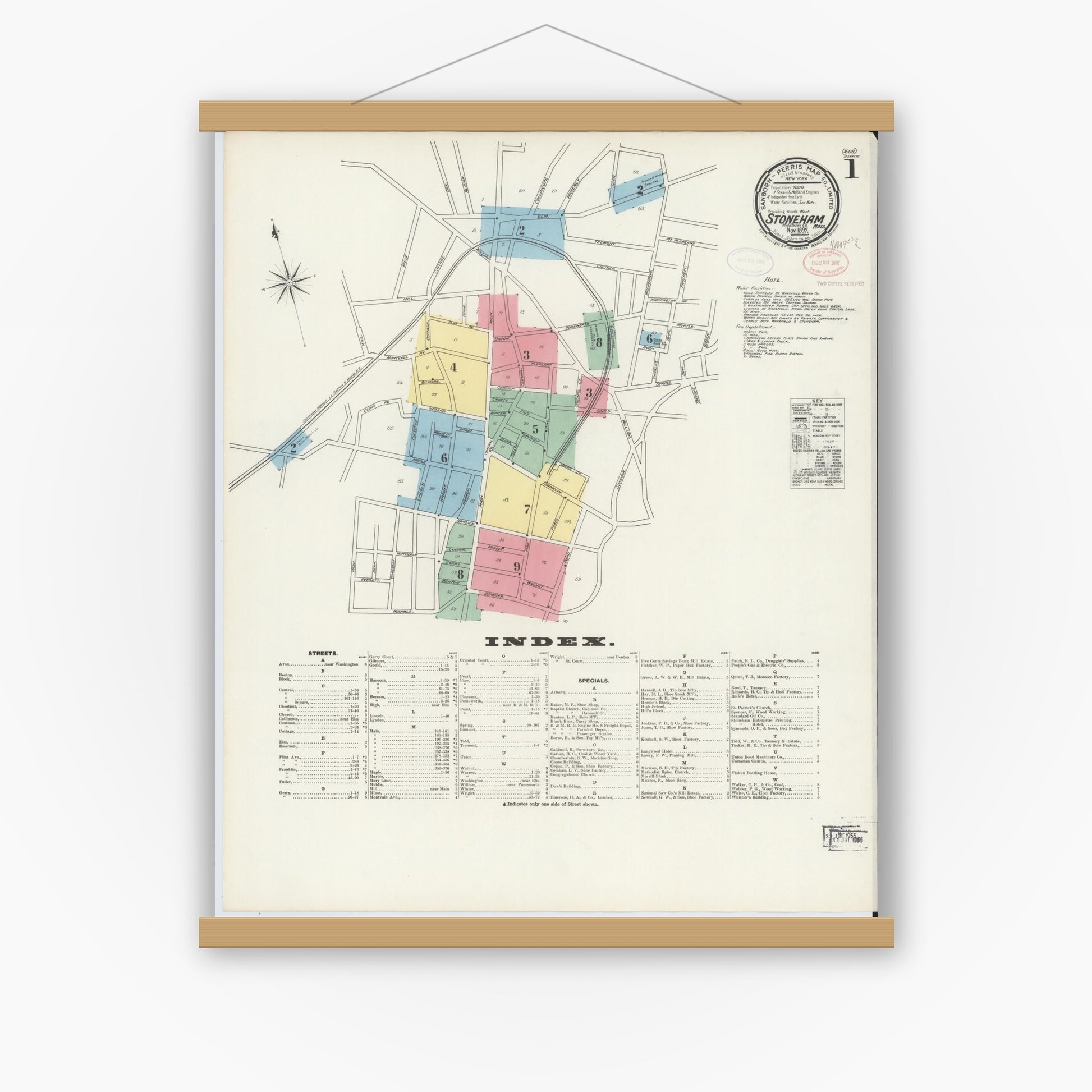 Old map wall art mockup — magnetic wood frame on white wall — Sanborn Fire Insurance Map from Stoneham, Middlesex County, Massachusetts (1897), Sheet #0001