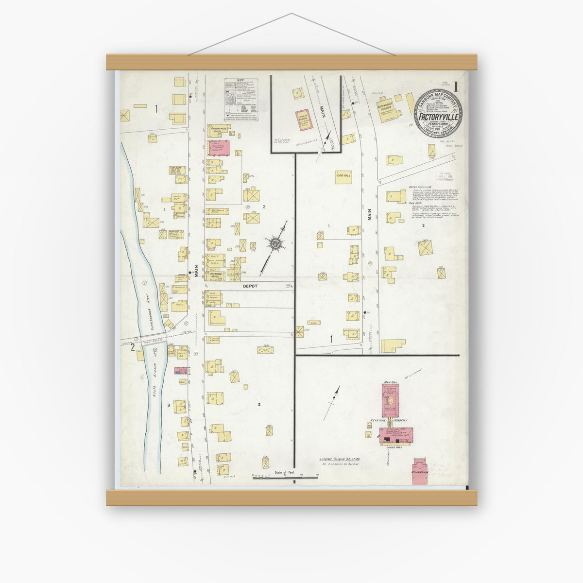 Old map wall art mockup — magnetic wood frame on white wall — Sanborn Fire Insurance Map from Factoryville, Wyoming County, Pennsylvania (1911), Sheet #0001