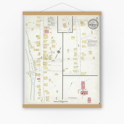Old map wall art mockup — magnetic wood frame on white wall — Sanborn Fire Insurance Map from Factoryville, Wyoming County, Pennsylvania (1911), Sheet #0001