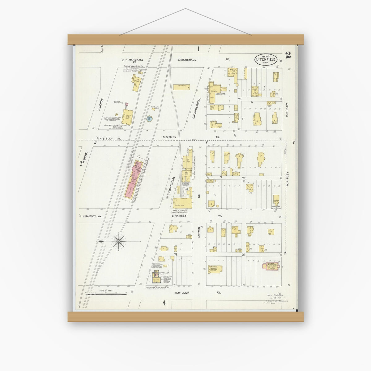 Old map wall art mockup — magnetic wood frame on white wall — Sanborn Fire Insurance Map from Litchfield, Meeker County, Minnesota (1903), Sheet #0002