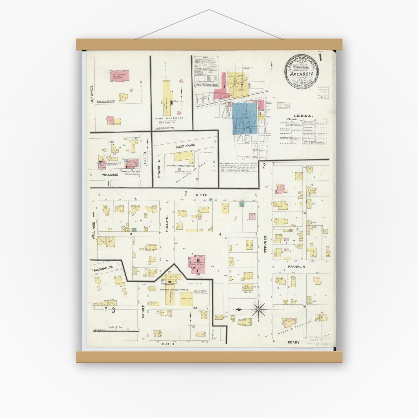 Old map wall art mockup — magnetic wood frame on white wall — Sanborn Fire Insurance Map from Archbold, Fulton County, Ohio (1908) - Complete Map Set