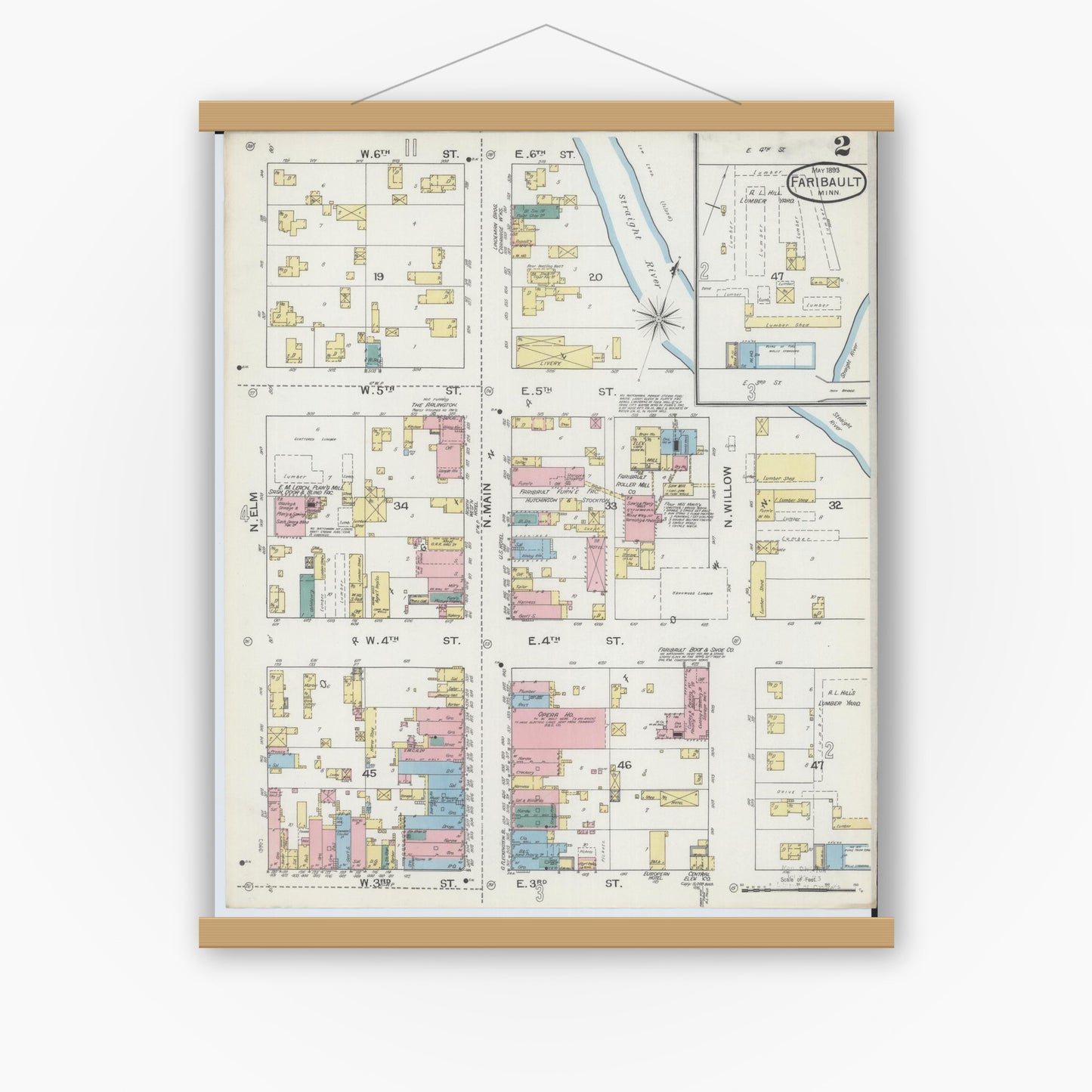 Old map wall art mockup — magnetic wood frame on white wall — Sanborn Fire Insurance Map from Faribault, Rice County, Minnesota (1893), Sheet #0002