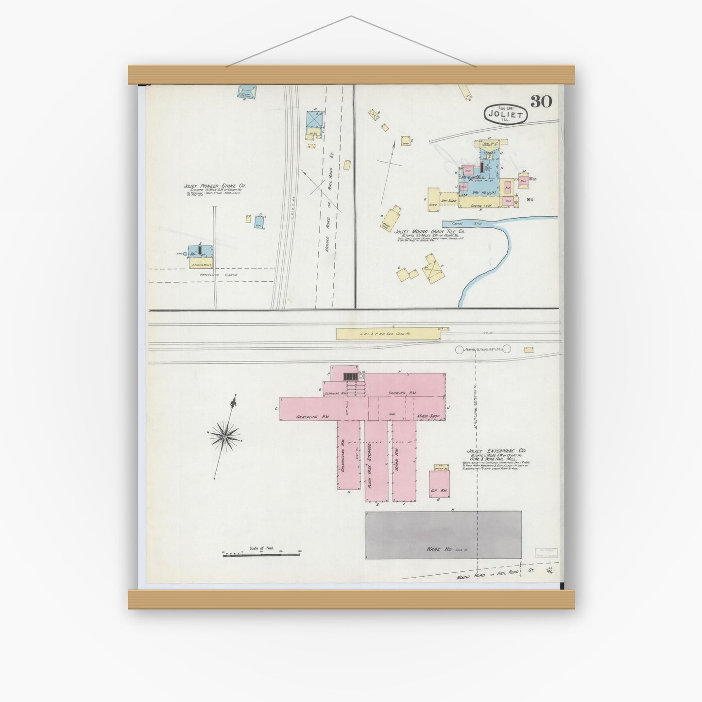 Old map wall art mockup — magnetic wood frame on white wall — Sanborn Fire Insurance Map from Joliet, Will County, Illinois (1891), Sheet #0030