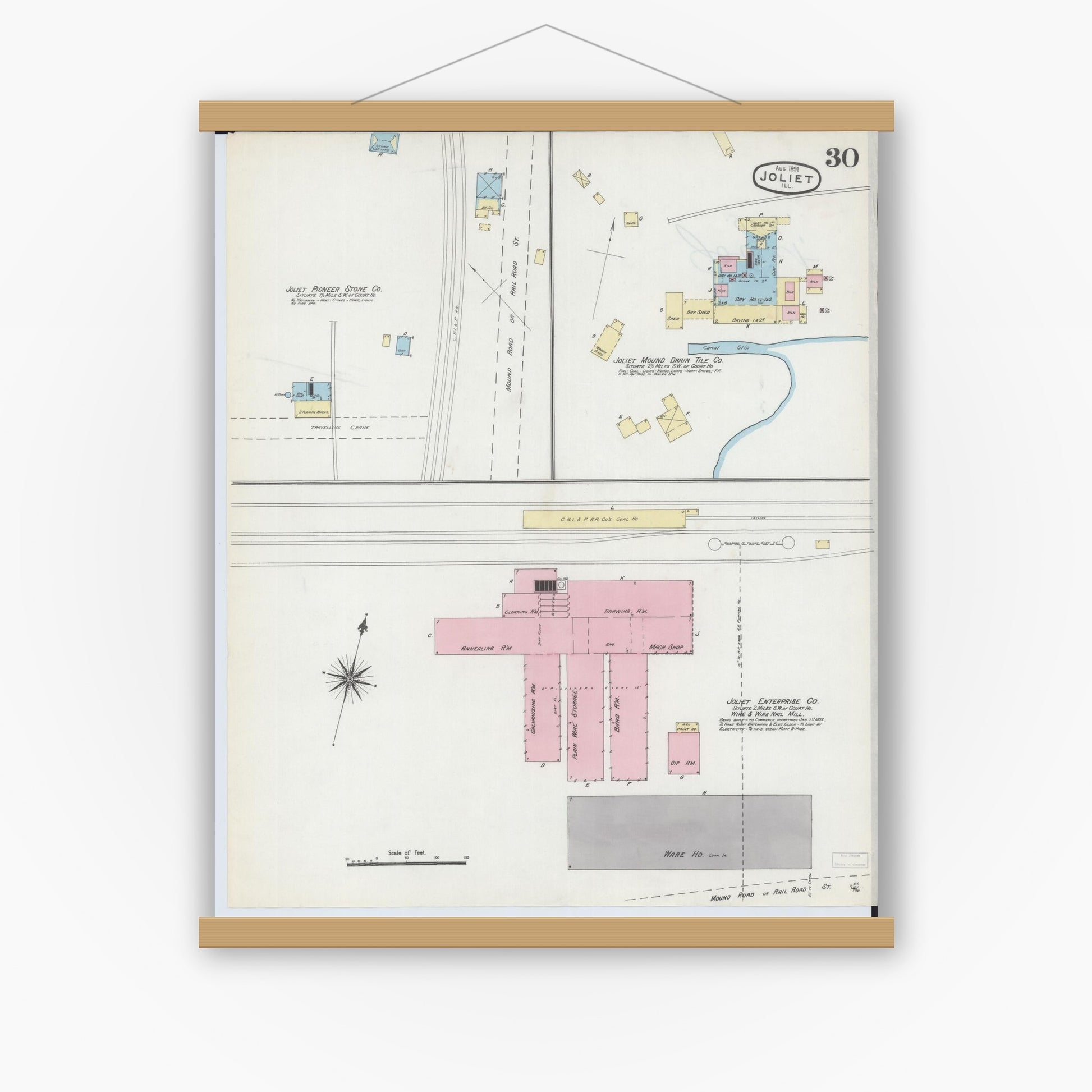 Old map wall art mockup — magnetic wood frame on white wall — Sanborn Fire Insurance Map from Joliet, Will County, Illinois (1891), Sheet #0030