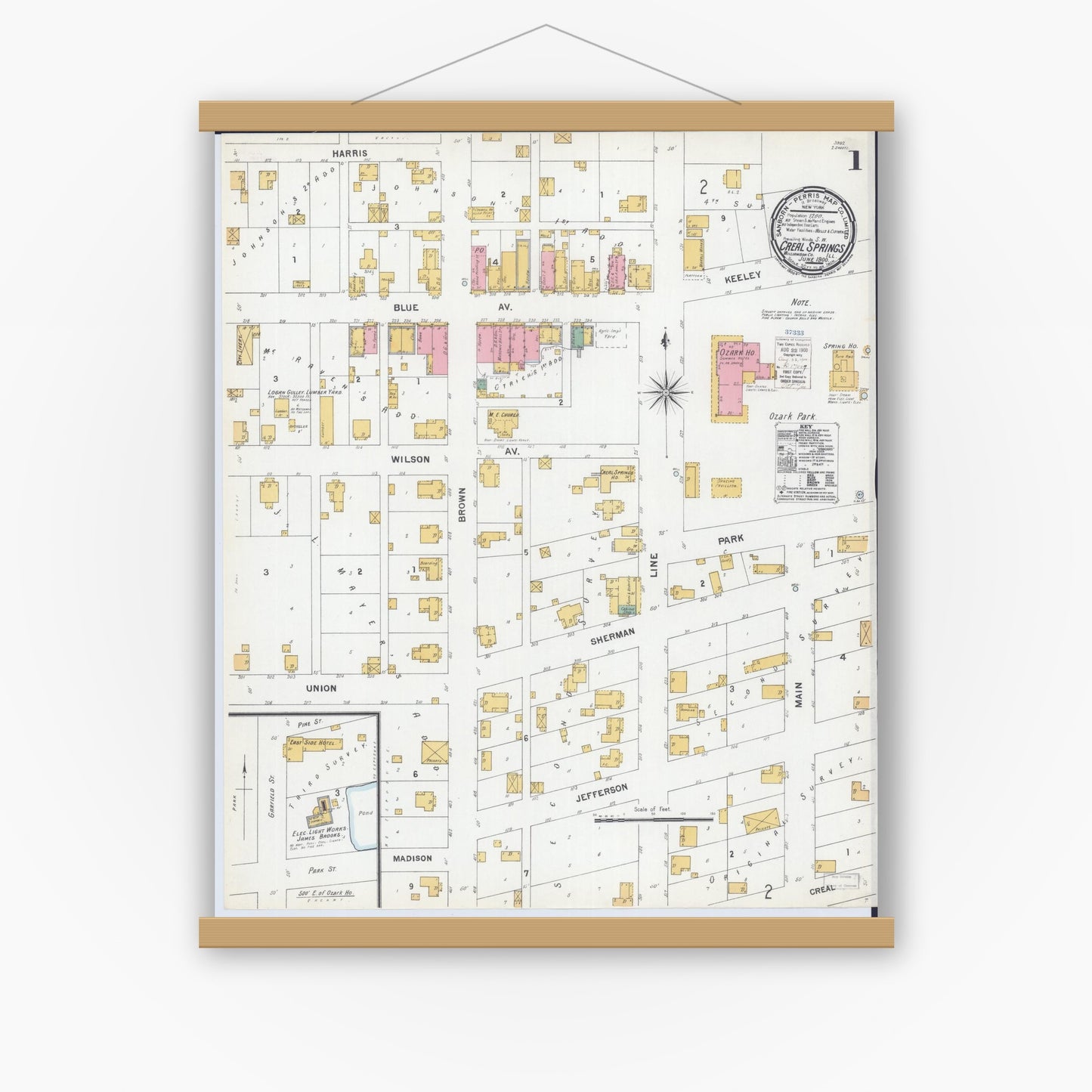 Old map wall art mockup — magnetic wood frame on white wall — Sanborn Fire Insurance Map from Creal Springs, Williamson County, Illinois (1900) - Complete Map Set
