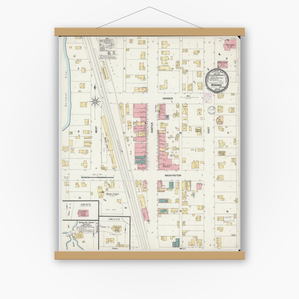 Old map wall art mockup — magnetic wood frame on white wall — Sanborn Fire Insurance Map from Wonewoc, Juneau County, Wisconsin (1901), Sheet #0001