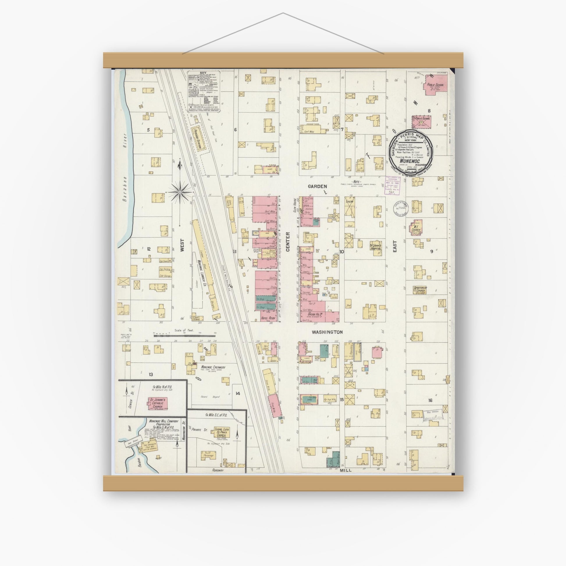 Old map wall art mockup — magnetic wood frame on white wall — Sanborn Fire Insurance Map from Wonewoc, Juneau County, Wisconsin (1901), Sheet #0001