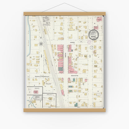 Old map wall art mockup — magnetic wood frame on white wall — Sanborn Fire Insurance Map from Wonewoc, Juneau County, Wisconsin (1901), Sheet #0001