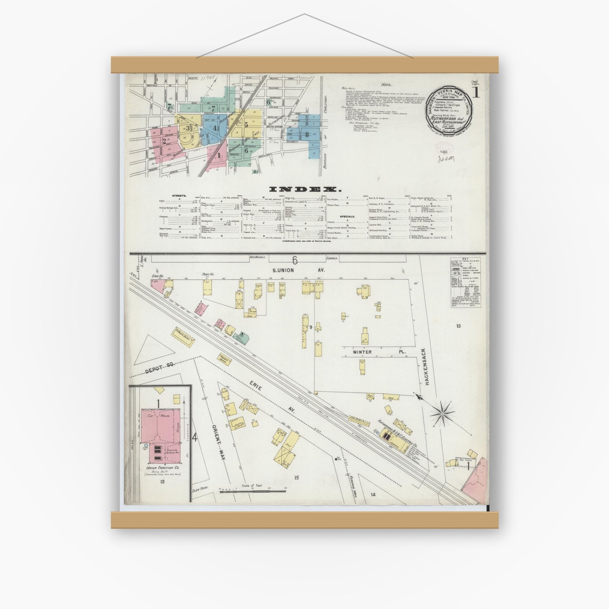 Old map wall art mockup — magnetic wood frame on white wall — Sanborn Fire Insurance Map from Rutherford, Bergen County, New Jersey (1897) - Complete Map Set