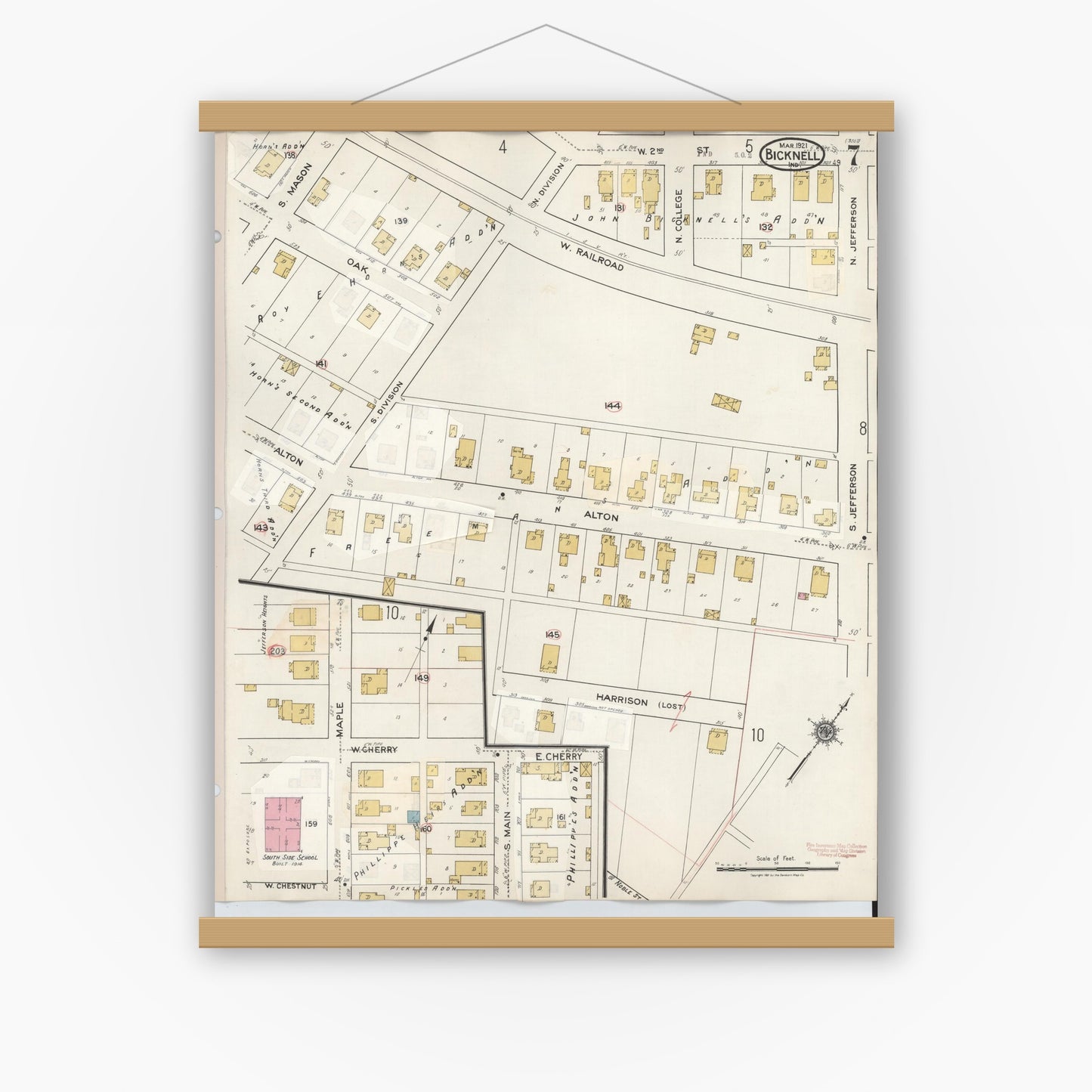 Old map wall art mockup — magnetic wood frame on white wall — Sanborn Fire Insurance Map from Bicknell, Knox County, Indiana (1946), Sheet #0007