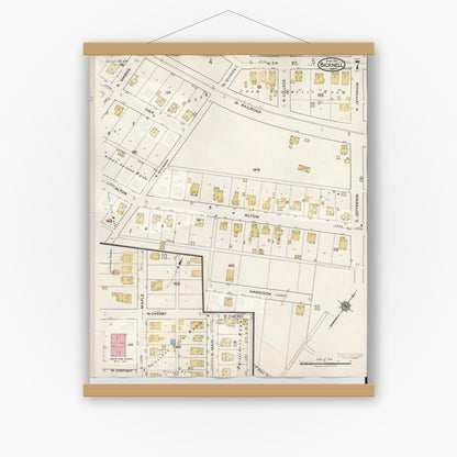 Old map wall art mockup — magnetic wood frame on white wall — Sanborn Fire Insurance Map from Bicknell, Knox County, Indiana (1946), Sheet #0007