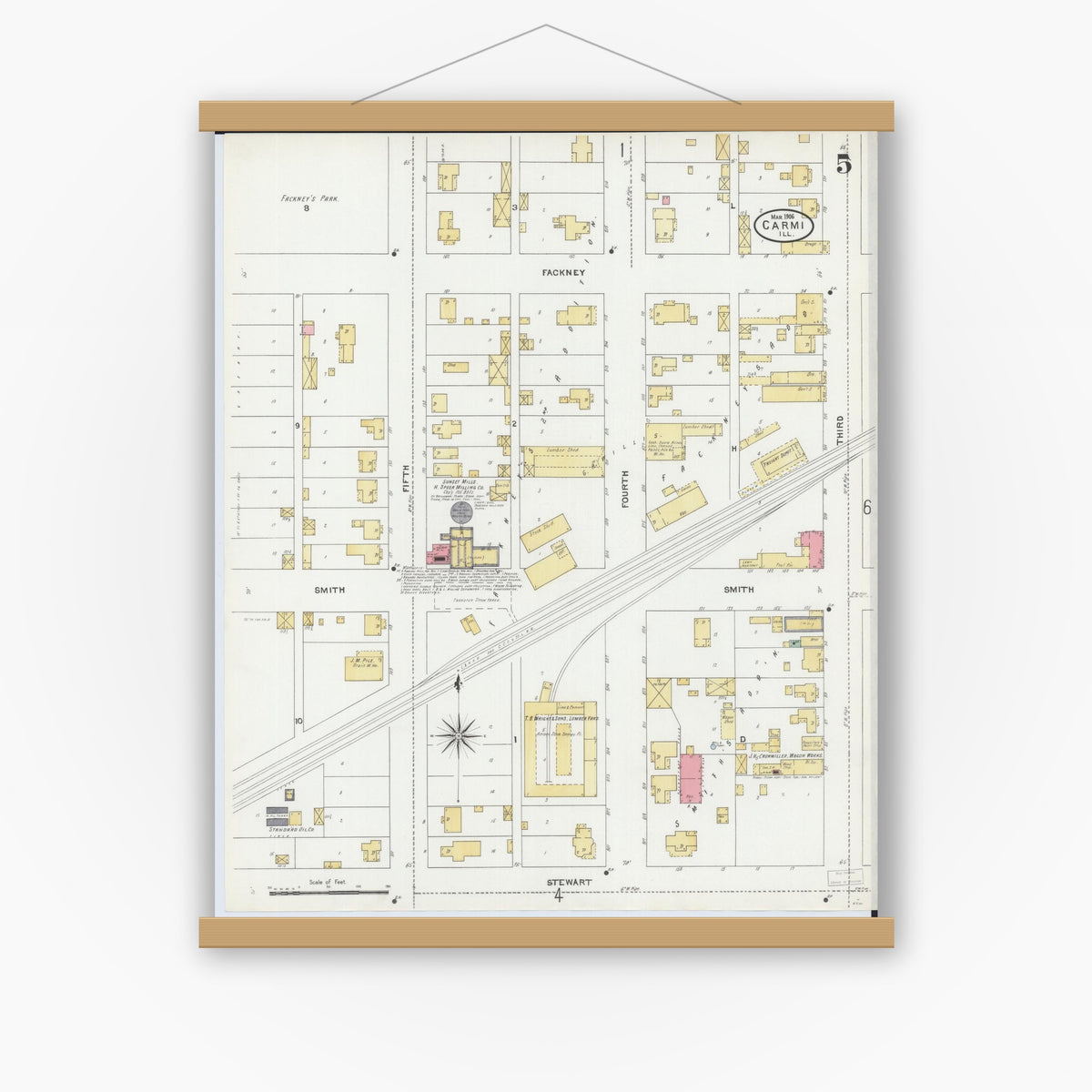 Old map wall art mockup — magnetic wood frame on white wall — Sanborn Fire Insurance Map from Carmi, White County, Illinois (1906), Sheet #0005