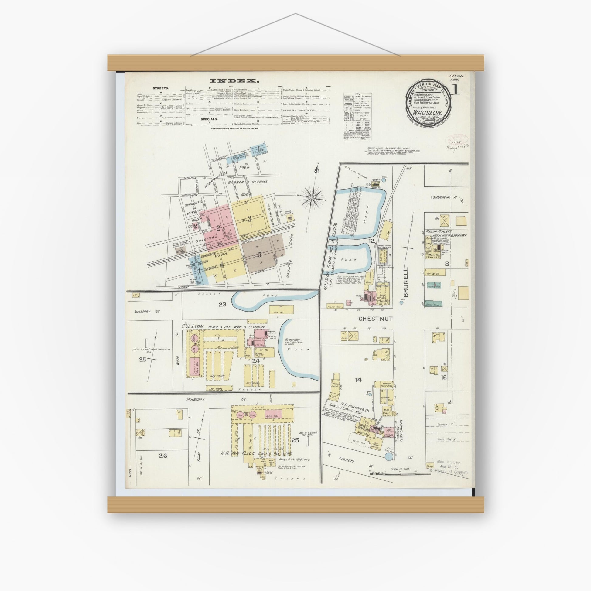 Old map wall art mockup — magnetic wood frame on white wall — Sanborn Fire Insurance Map from Wauseon, Fulton County, Ohio (1893) - Complete Map Set